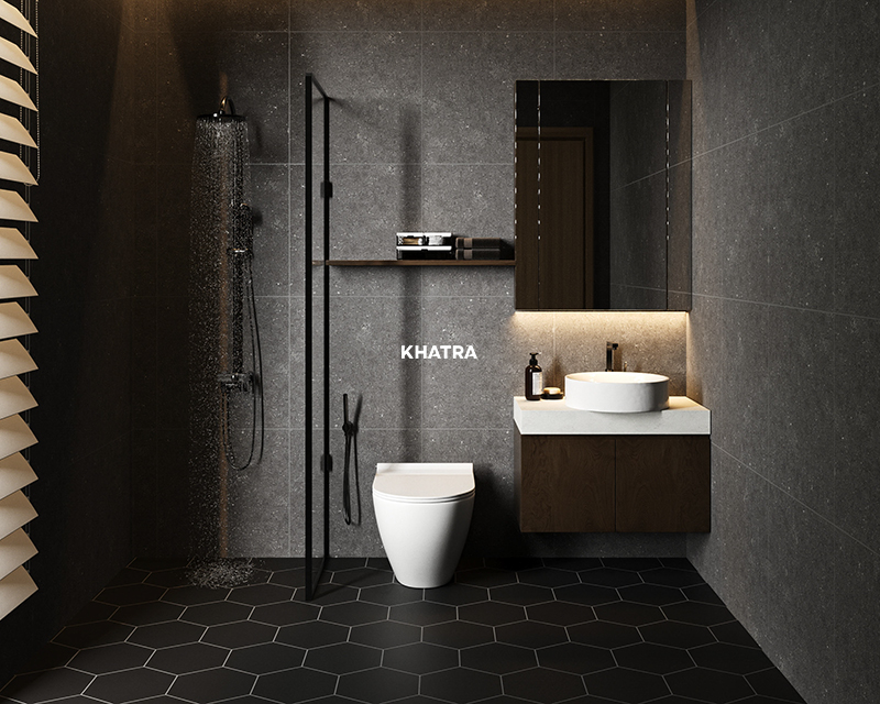 Gạch K6688 phối lục giác đen N2307 ốp lát phòng tắm