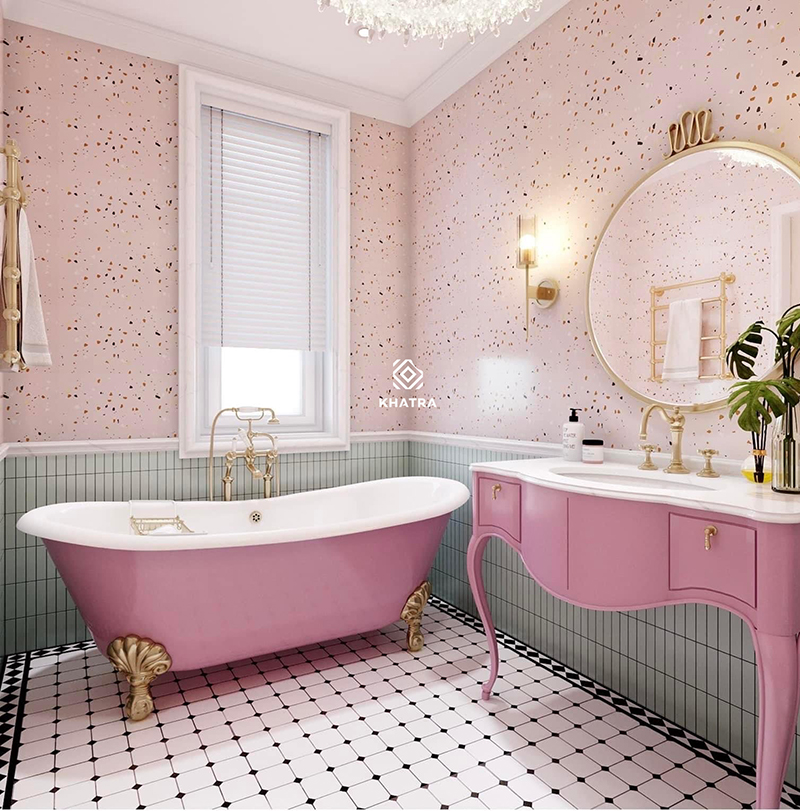 Phối gạch Terrazzo hạt hồng ốp tường phòng tắm