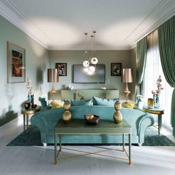 Phòng khách phong cách Art Deco sử dụng các sắc thái xanh Mint