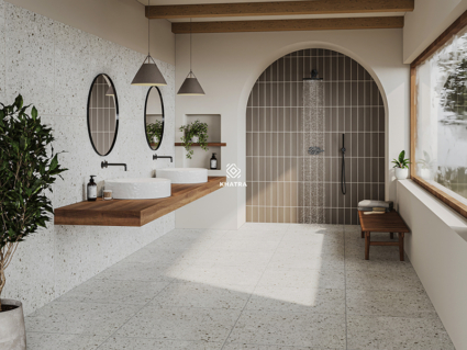 Gạch Terrazzo D6604 và thẻ nâu TA0312M ốp lát phòng tắm