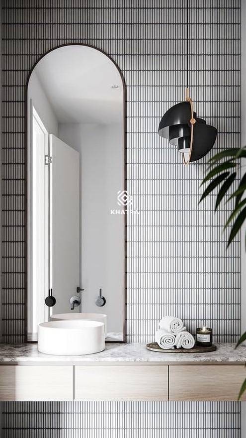 Gạch mosaic stripe màu trắng ốp phòng tắm