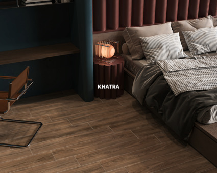 Cận cảnh thiết kế phòng ngủ sử dụng gạch gỗ lát nền