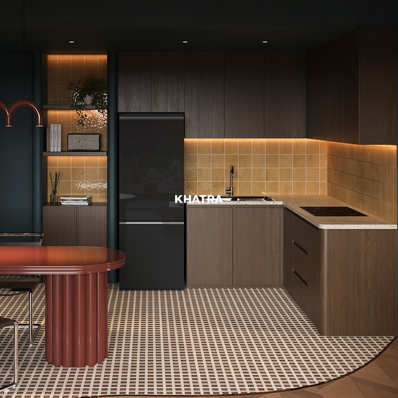 Terrazzo floor tile paired with square subway wall tile in kitchen