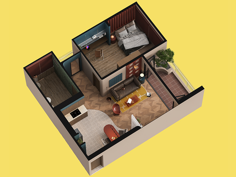 Layout thiết kế căn hộ Mid-century 62m2