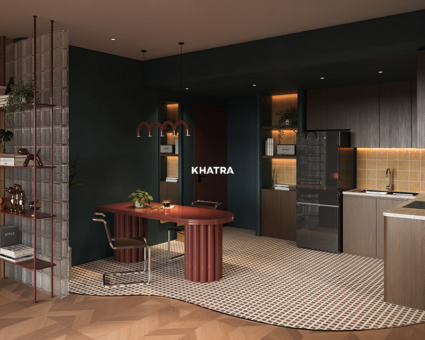 Thiết kế bếp sử dụng gạch bông lát nền phối thẻ vuông ốp tường