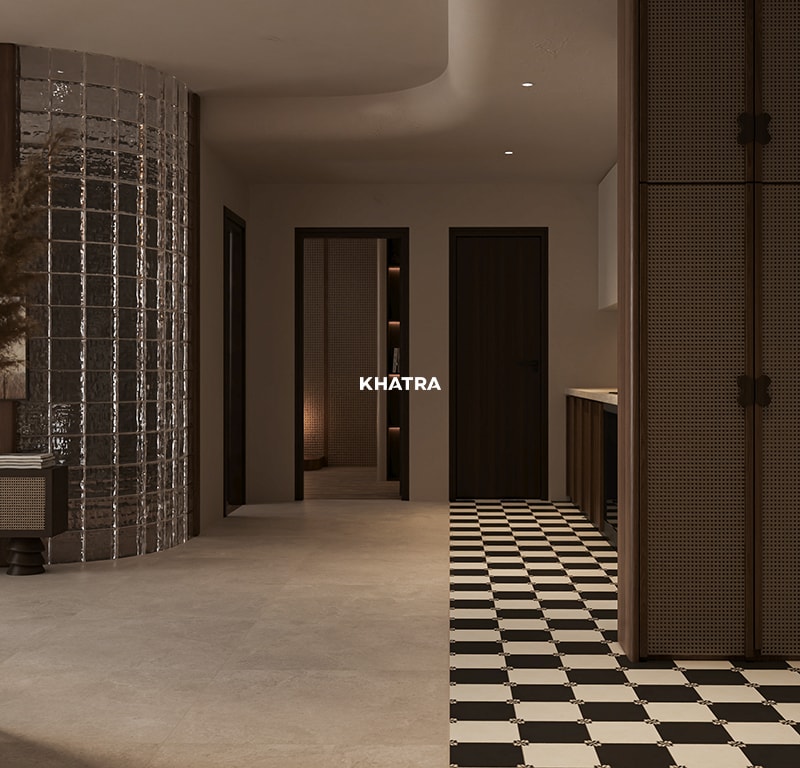 Alba Beige phối gạch bông 200x200 lát nền khách bếp