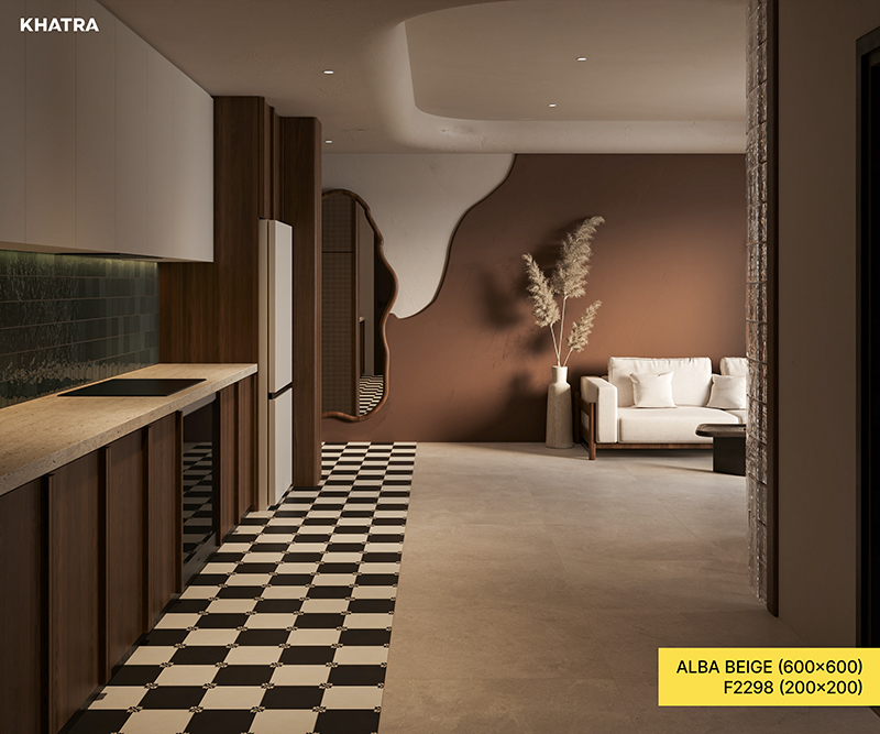 Combo gạch Alba Beige phối gạch bông lát nền và thẻ vuông ốp tường