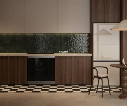 Phối gạch bông lát nền với thẻ vuông xanh gợn ốp tường bếp