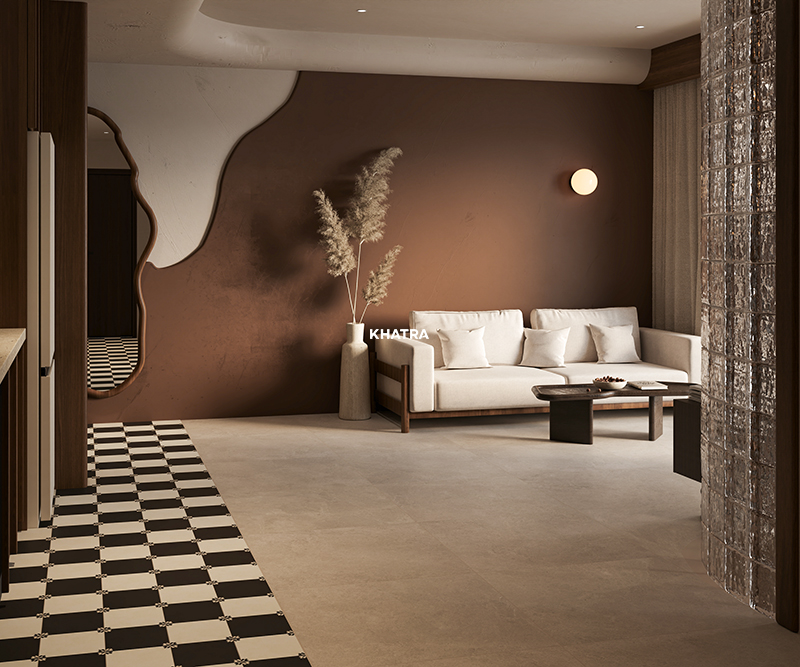 Phối gạch bông trắng đen và Alba Beige lát nền