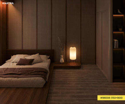 Gạch gỗ W96006 150x900 lát nền phòng ngủ Japandi