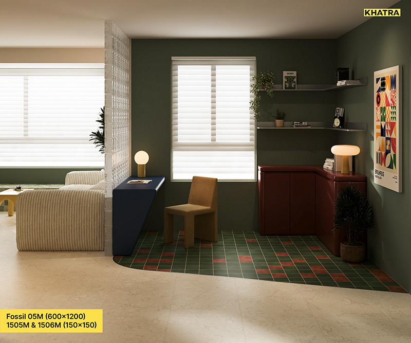 Gạch Fossil 05M phối the 150x150 lót sàn