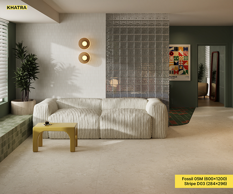 Gạch Mosaic Stripe D03 trắng ốp tường sofa phối Fossil 05M lát nền