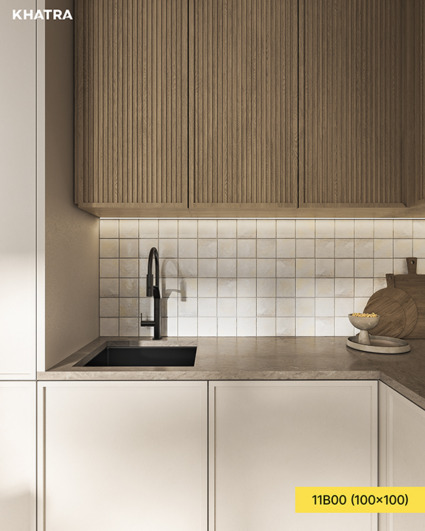 Gạch thẻ vuông 100x100 màu trắng ốp bếp