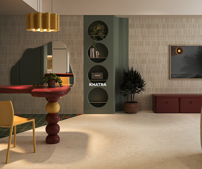 Gạch mosaic IK22F687 phối Fossil 05M ốp lát phòng khách