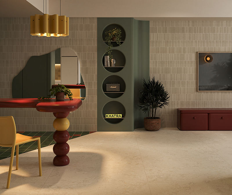 Phòng khách phối gạch Fossil 05M lát nền và Stripe IK22F687 ốp tưởng TV