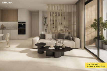 Thiết kế phòng khách Warm Minimal sử dụng gạch KF-8601X lát nền