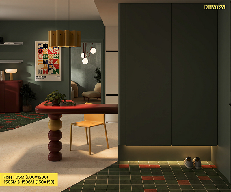 Phối gạch thẻ vuông 150x150 lát sàn khu vực ra vào