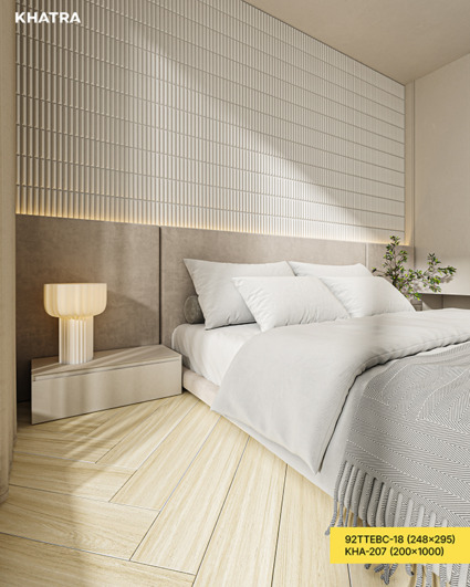 Phối gạch stripe và gạch gỗ ốp lát phòng ngủ Warm Minimal