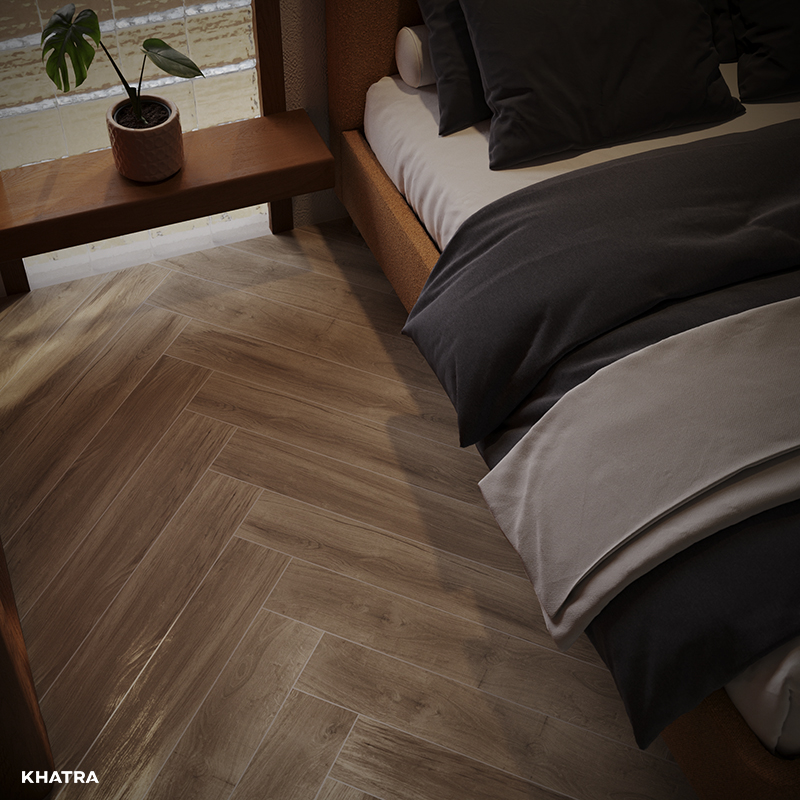 Gạch gỗ W96006 lát nền phòng ngủ kiểu xương cá