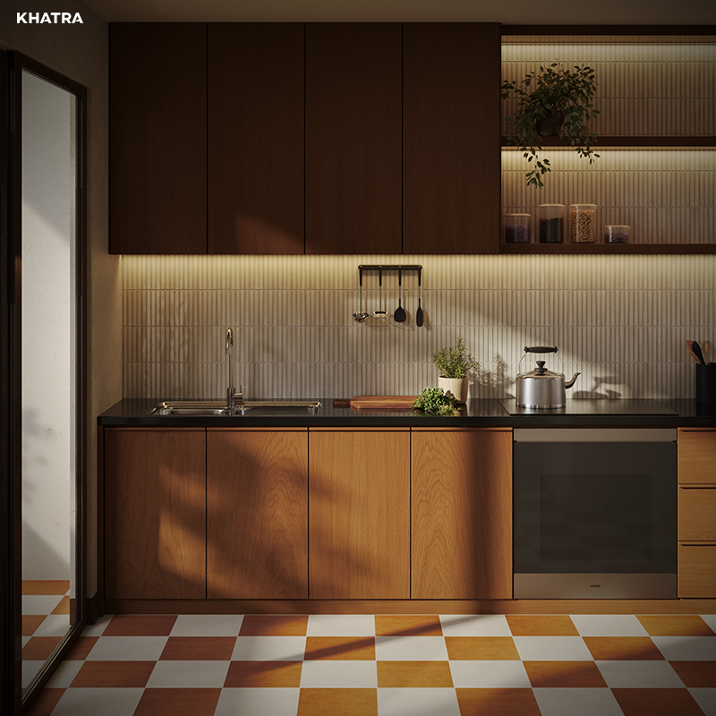 Phối gạch Stripe ốp tường và gạch bông Caro lát nền