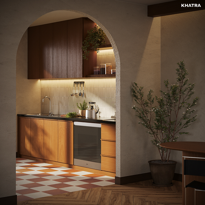 Phối gạch bông lát nền bếp với gạch gỗ lát nền phòng khách