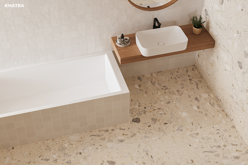 Gạch thẻ gợn 11B00 ốp tường phối Terrazzo 01M lát nền
